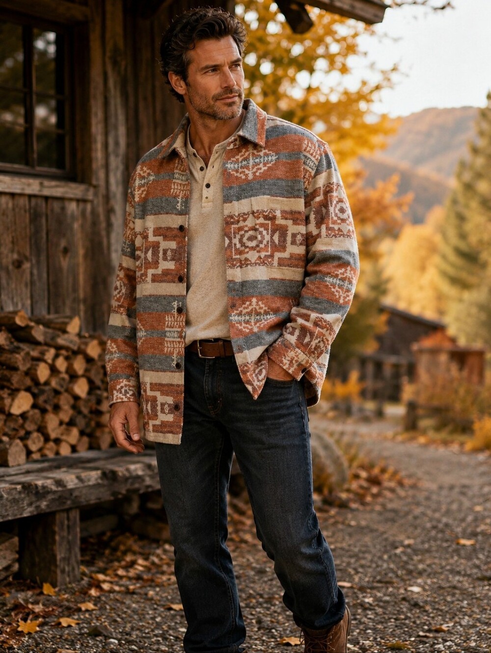 Weatherproof Southwestern Aztec Shacket Large Rust Cream Gray NWO T